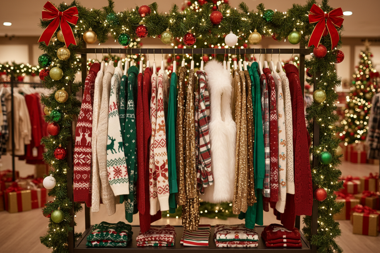 clothing on a rack christmas themed